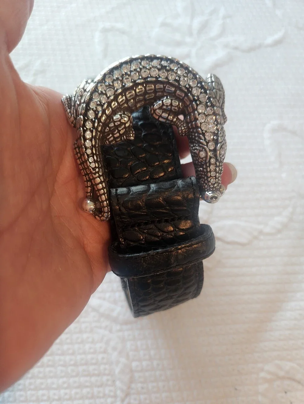 Luxury Black Croc-Textured Reptile Belt with Jeweled Buckle